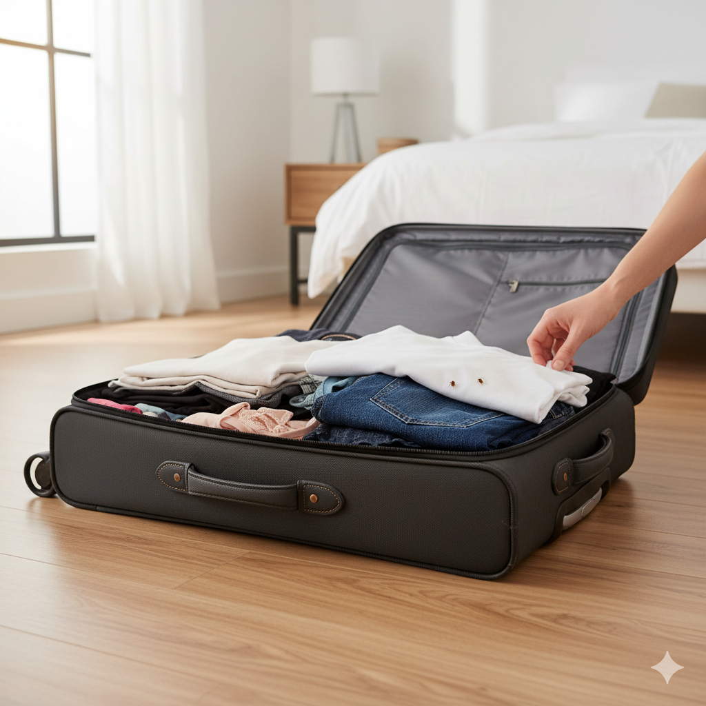 Taubenabwehr 10 Ein augepackter Koffer mit 2 Bettwanzen auf einem weißen Shirt. Bettwanzen nach dem Urlaub im Koffer mitgenommen.