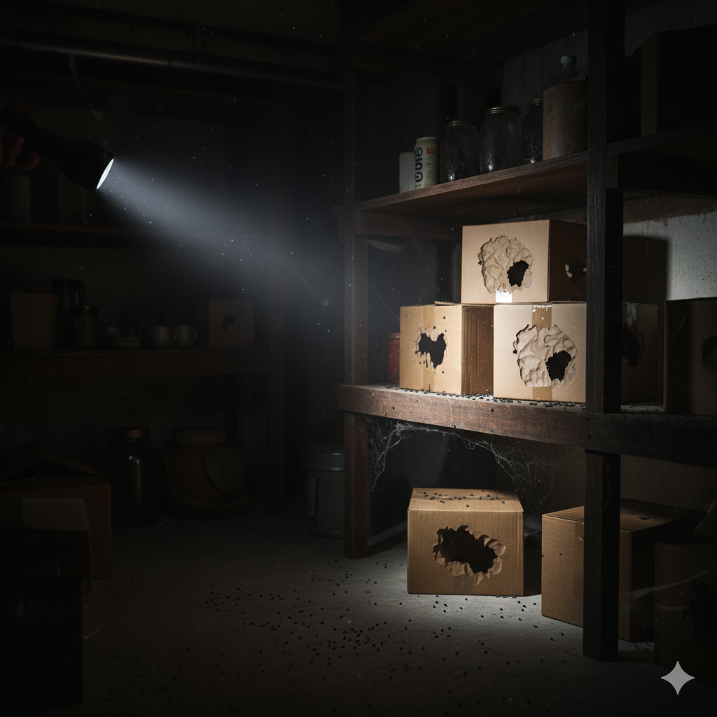 Taubenabwehr 12 Durch Mäuse angeknabberte Kartons im Keller. Dies ist ein Anzeichen für einen Mäusebefall. Wir bekämpfen Mäuse effektiv mit nachhaltigen Lösungen in ganz NRW. Wir sind IHK geprüfte Schädlingsbekämpfer für Mäusebefall in Duisburg, Essen und Düsseldorf.